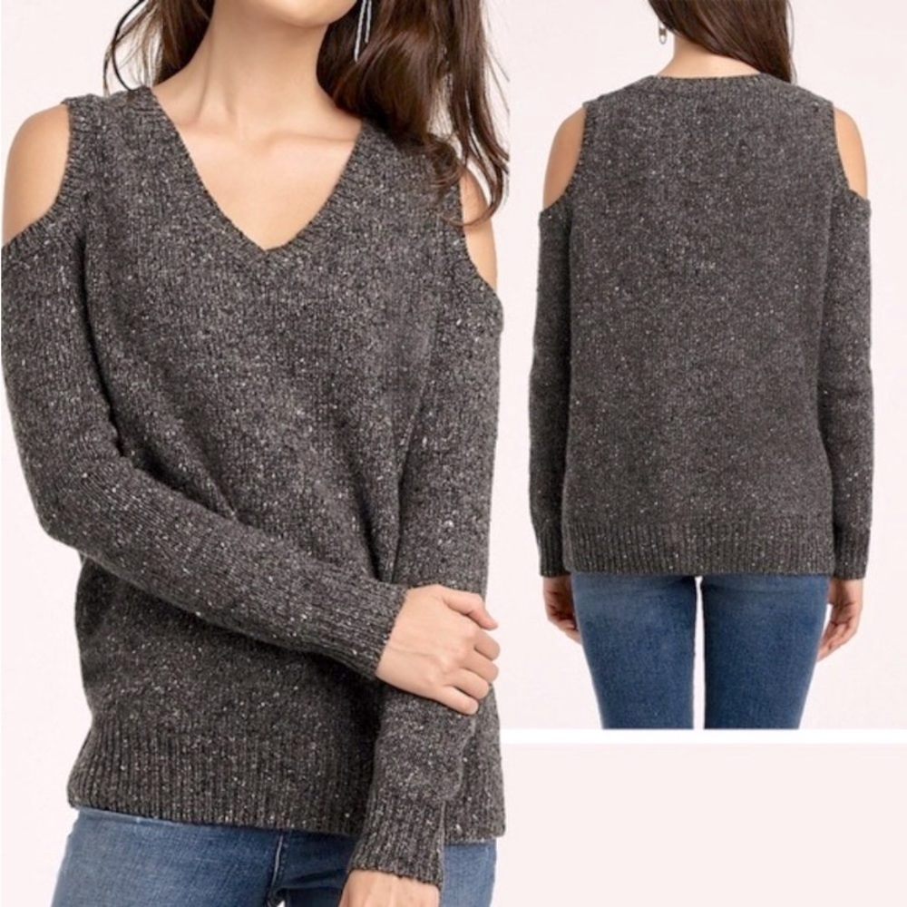 Rebecca Minkoff Marled Charcoal Knit Alpaca Wool Cold Shoulder V-Neck Sweater - Picture 2 of 13